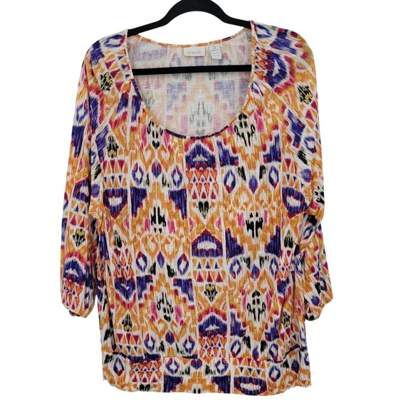 Chicos Multicolor 3/4 Sleeve Boho Peasant Top Sz 3 Ikat Colorful Tribal Rayon - Picture 1 of 9